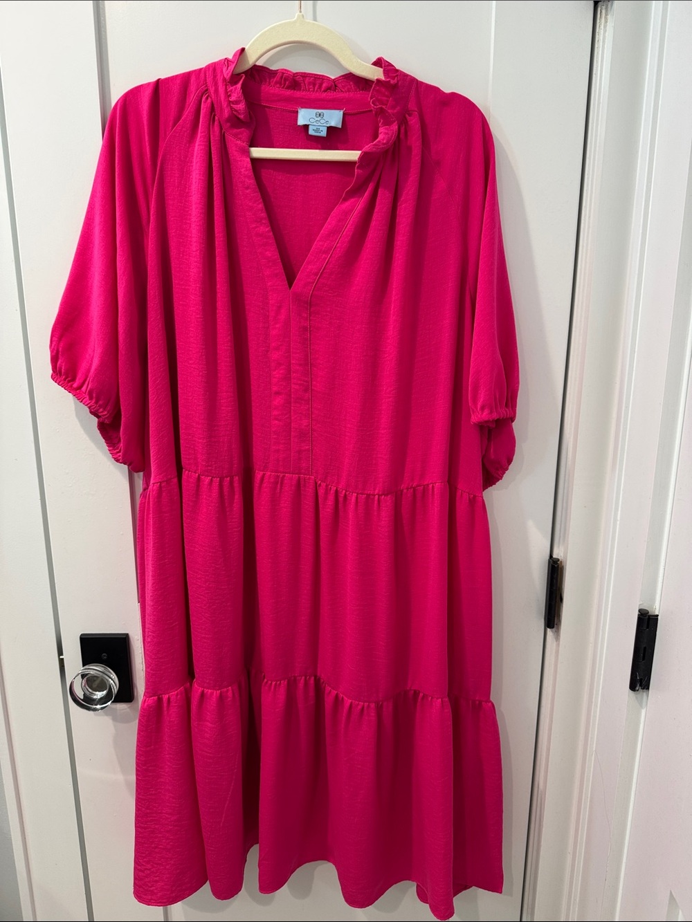 CeCe Hot Pink Ruffled V-Neck Dress
